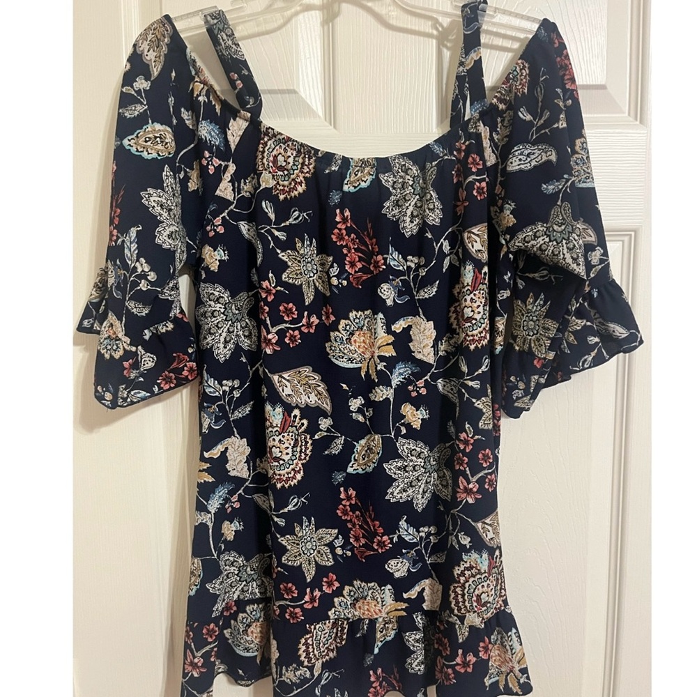 Ladies Navy blouse with flower print - off the shoulder with shoulder straps